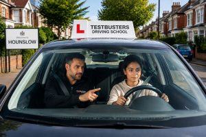 Learner taking Driving Lessons Hounslow with a professional instructor in a dual-control car on a residential street in Hounslow.