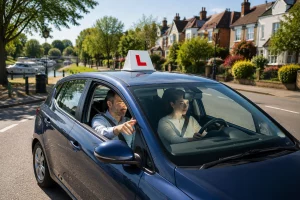 Professional Driving Lessons Sunbury on Thames with an instructor teaching a learner in a dual-control car.